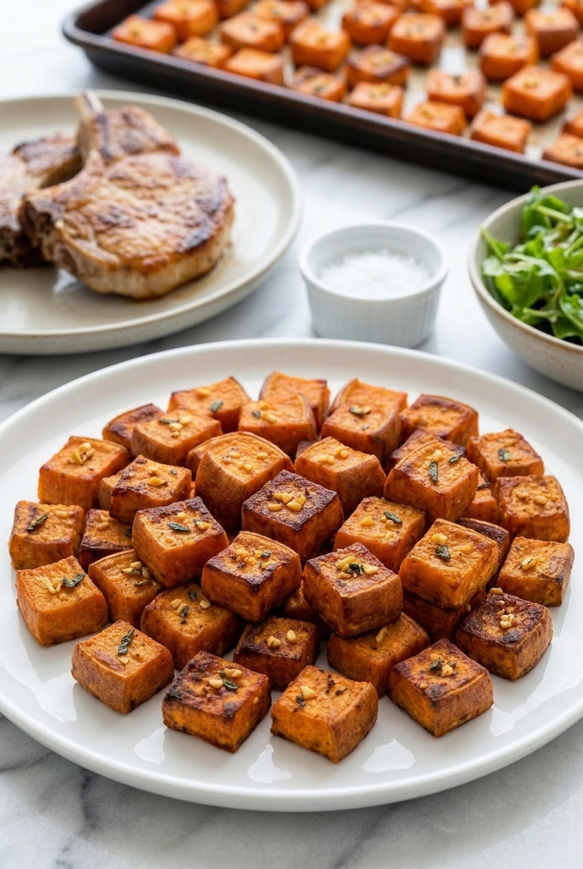 herb roasted sweet potato cubes with garlic and sage complete meal