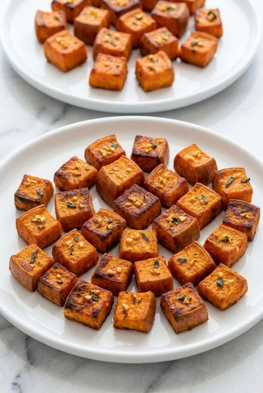 herb roasted sweet potato cubes with garlic and sage dinner scene