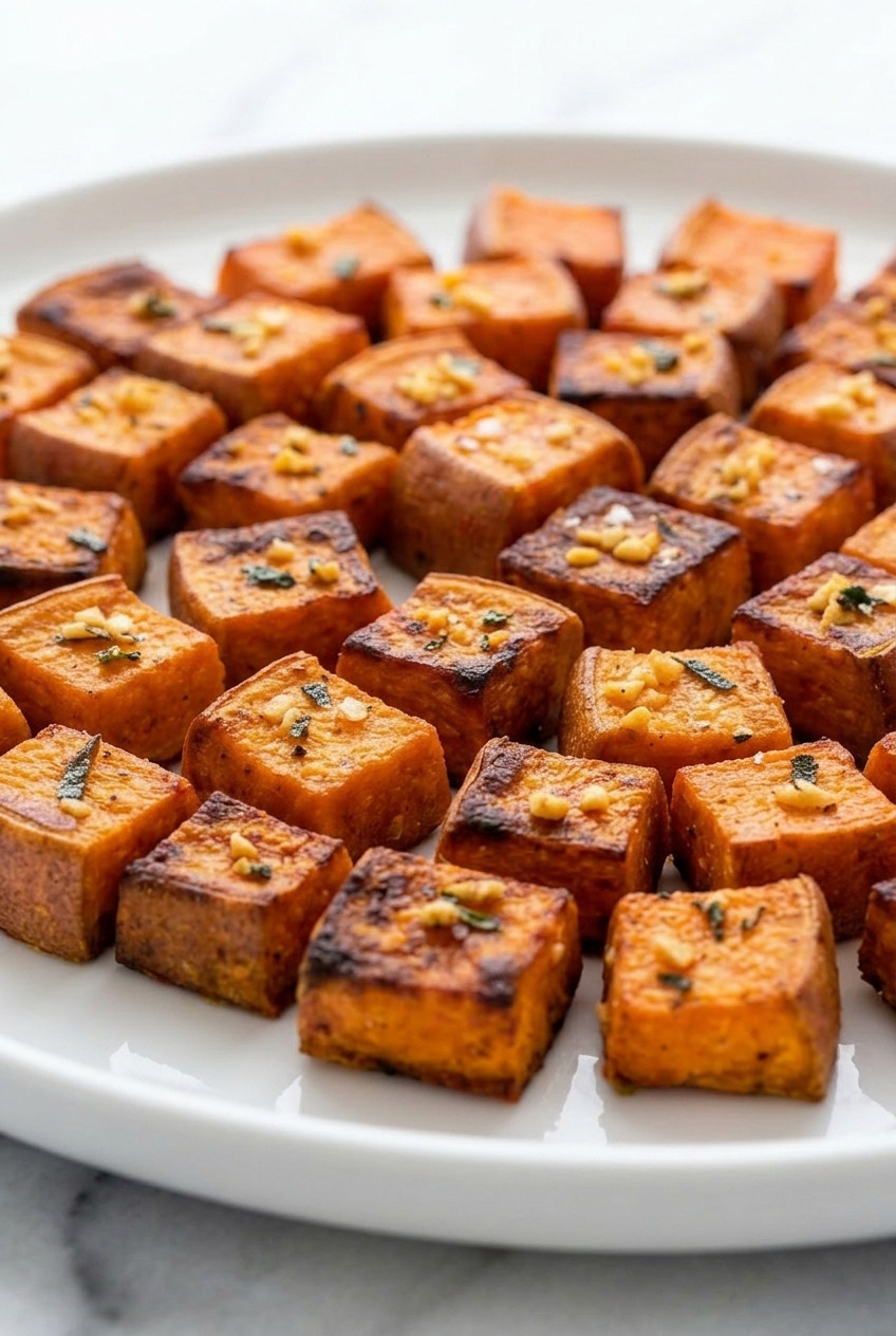 herb roasted sweet potato cubes with garlic and sage side view