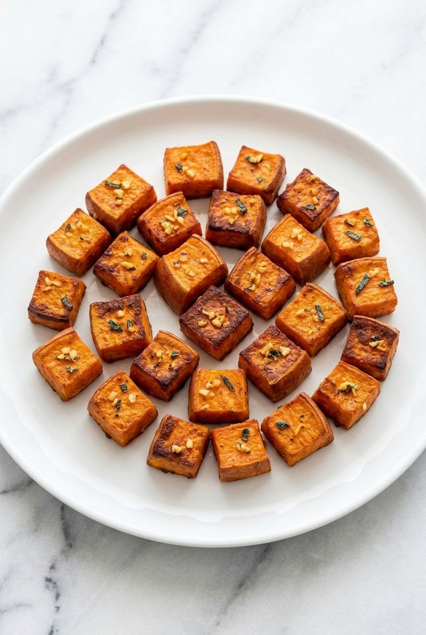 herb roasted sweet potato cubes with garlic and sage served