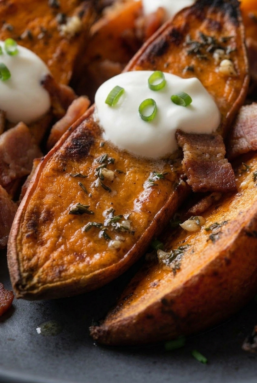 loaded baked sweet potato wedges close up