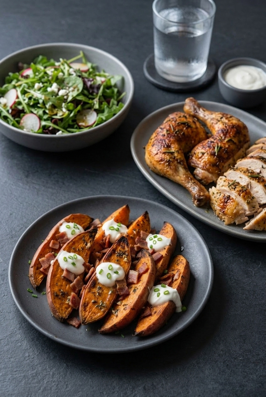 loaded baked sweet potato wedges complete meal