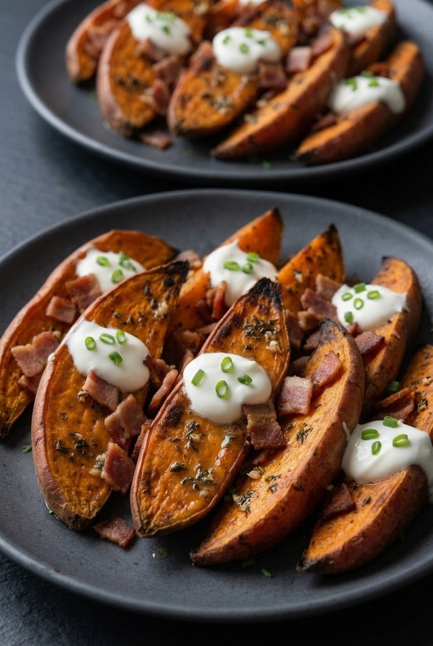 loaded baked sweet potato wedges dinner scene