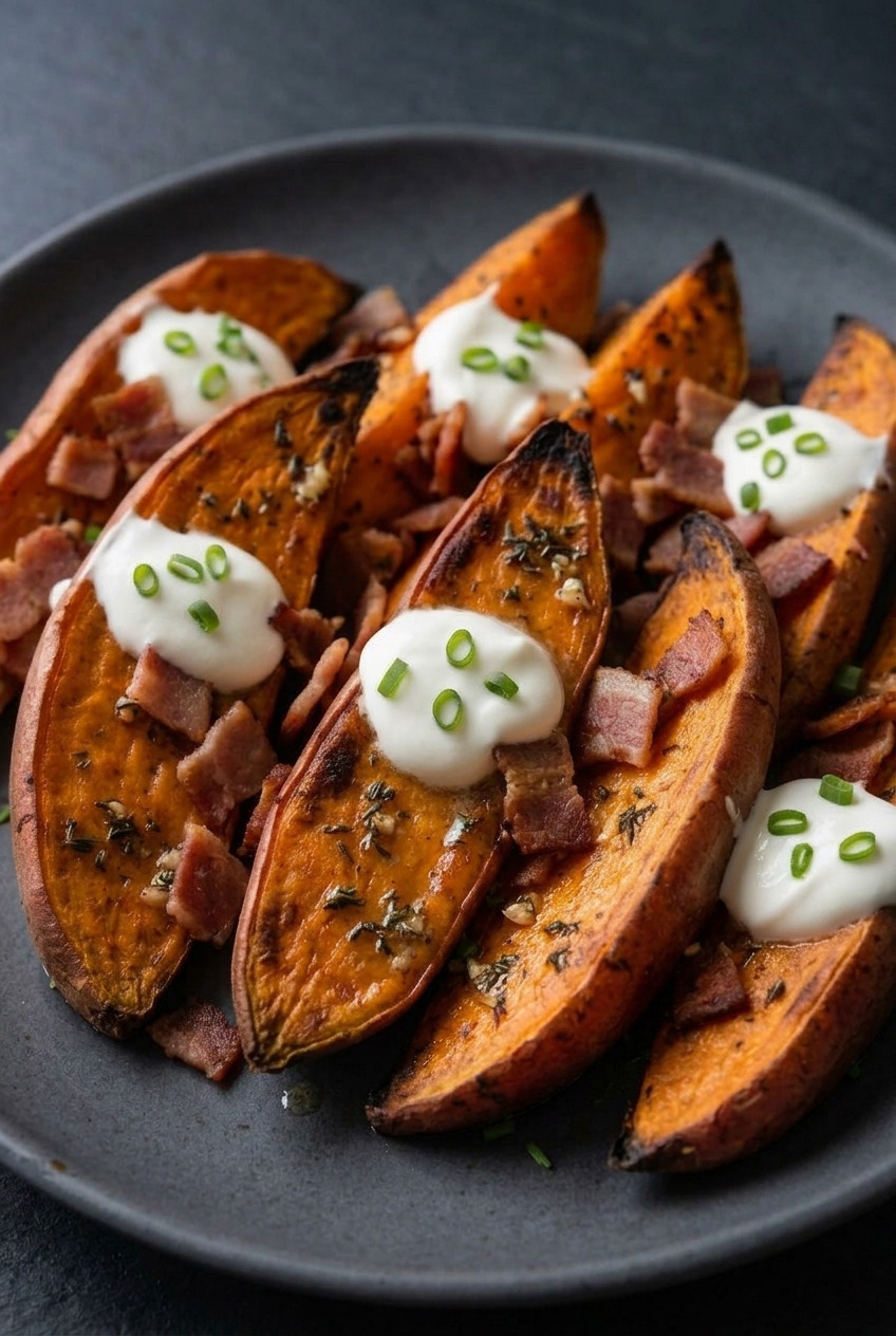 loaded baked sweet potato wedges side view