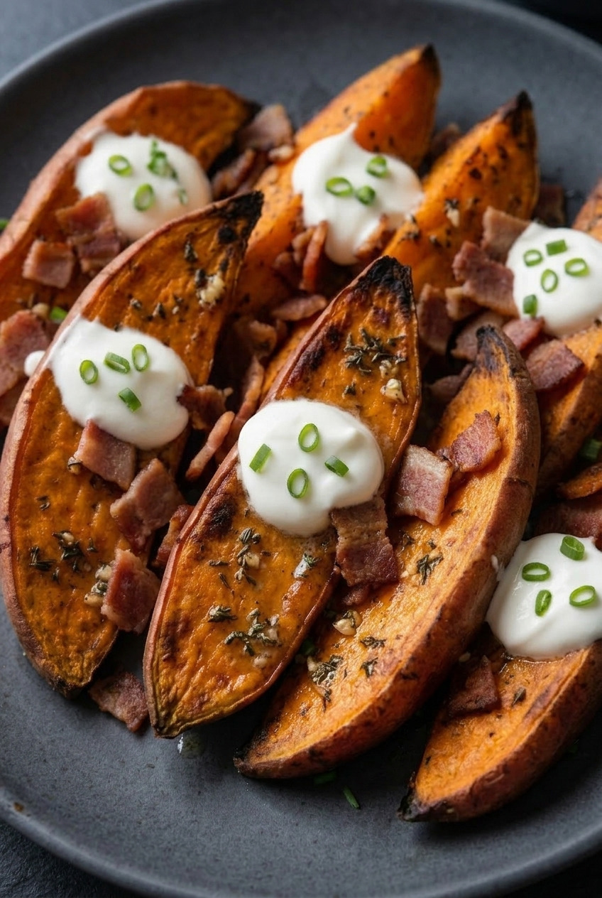 loaded baked sweet potato wedges served