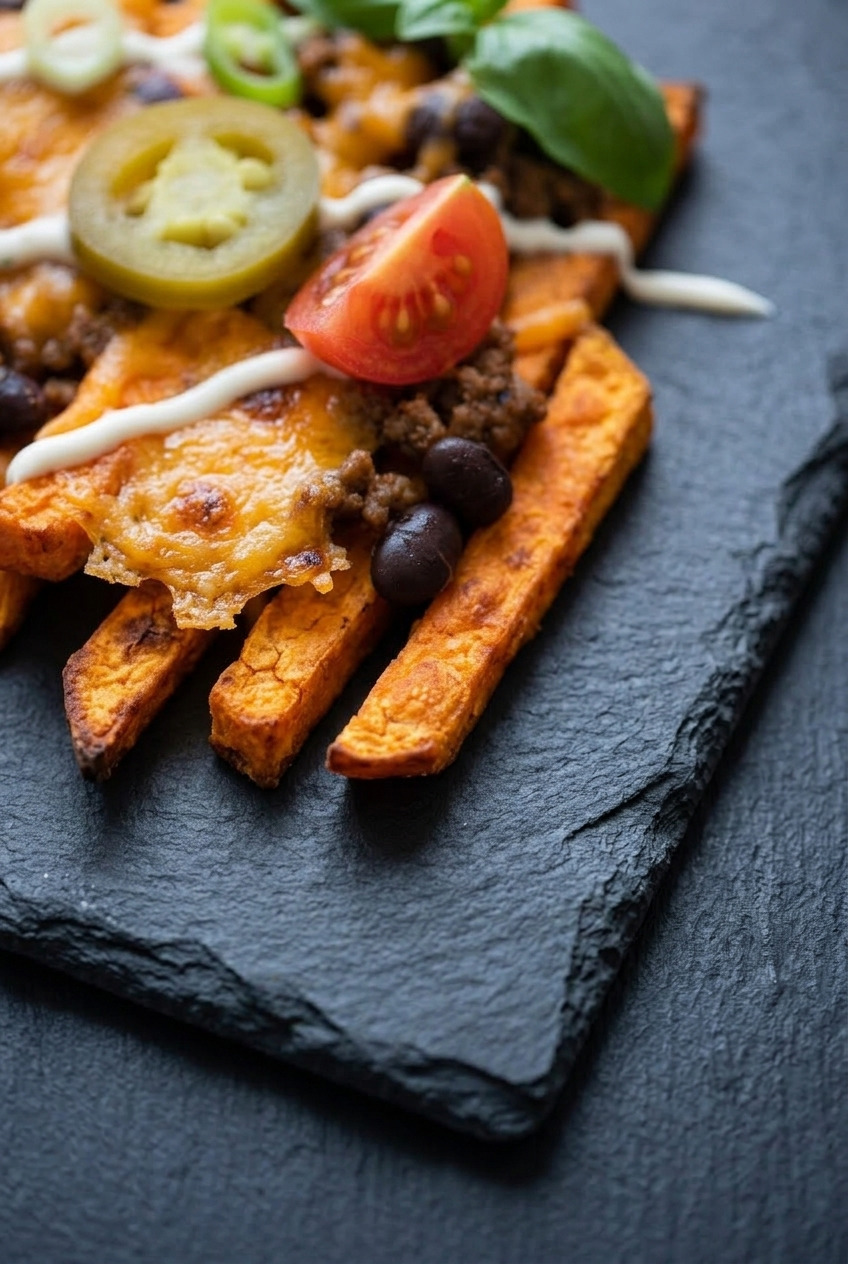 loaded sweet potato fries close up