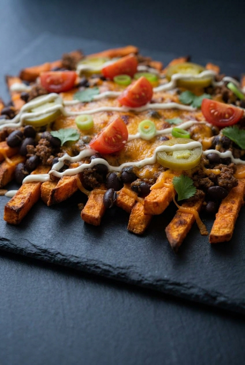 loaded sweet potato fries side view