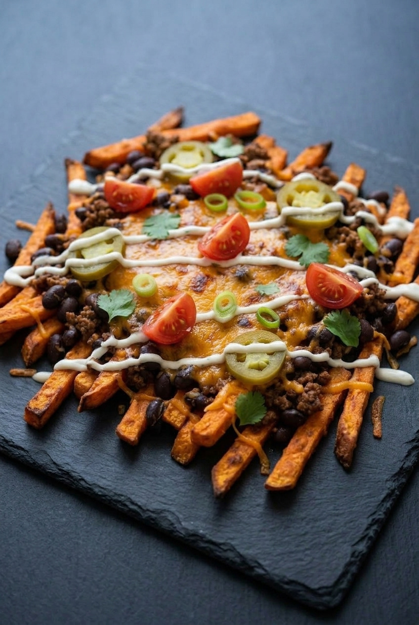 loaded sweet potato fries served