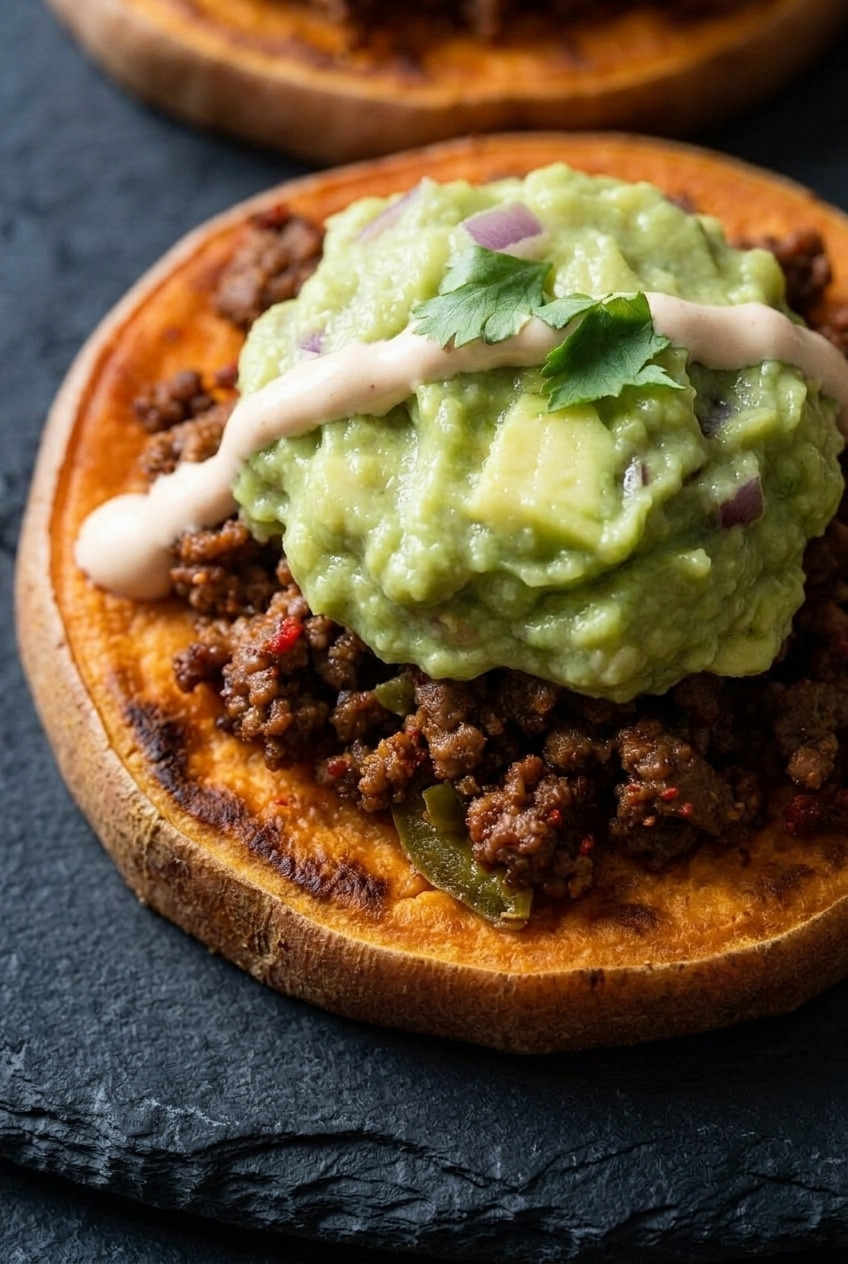 loaded taco sweet potato sliders close up