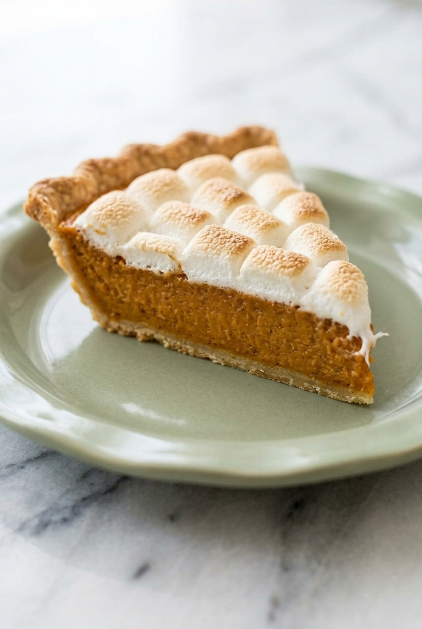 marshmallowtopped sweet potato pie side view