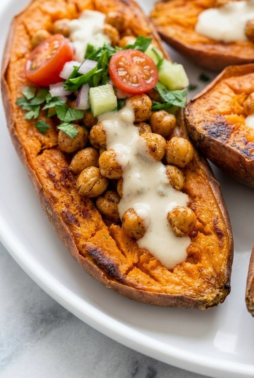 mediterranean chickpea stuffed sweet potatoes close up
