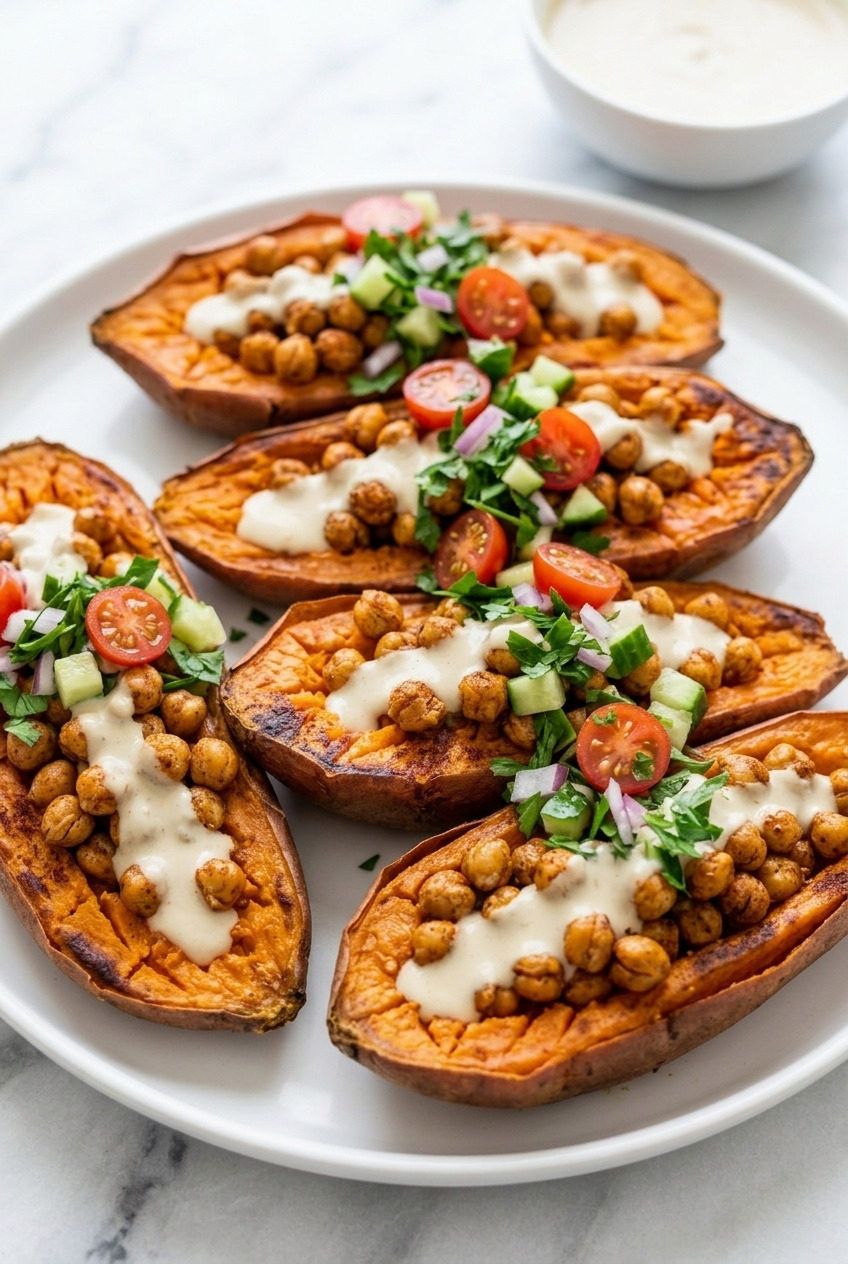 mediterranean chickpea stuffed sweet potatoes