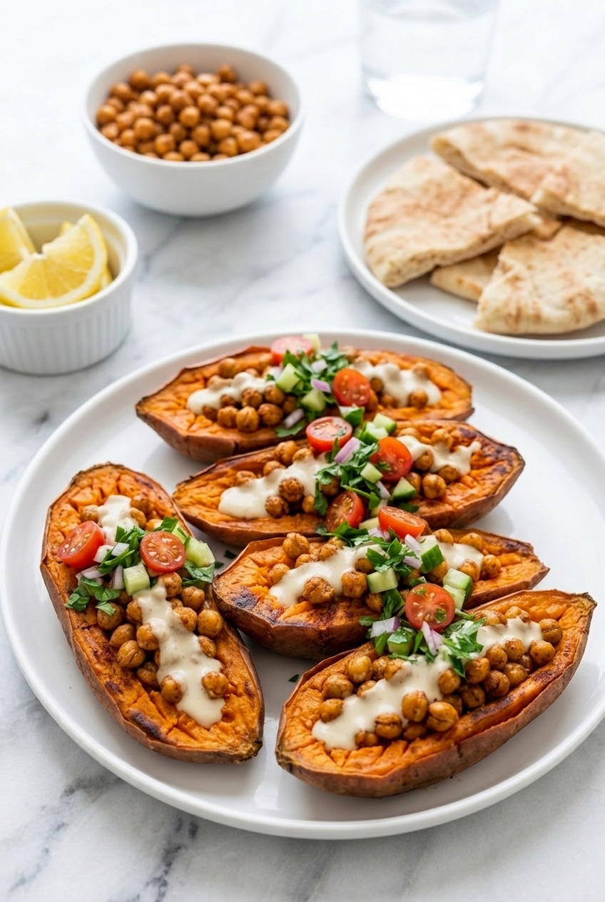 mediterranean chickpea stuffed sweet potatoes complete meal