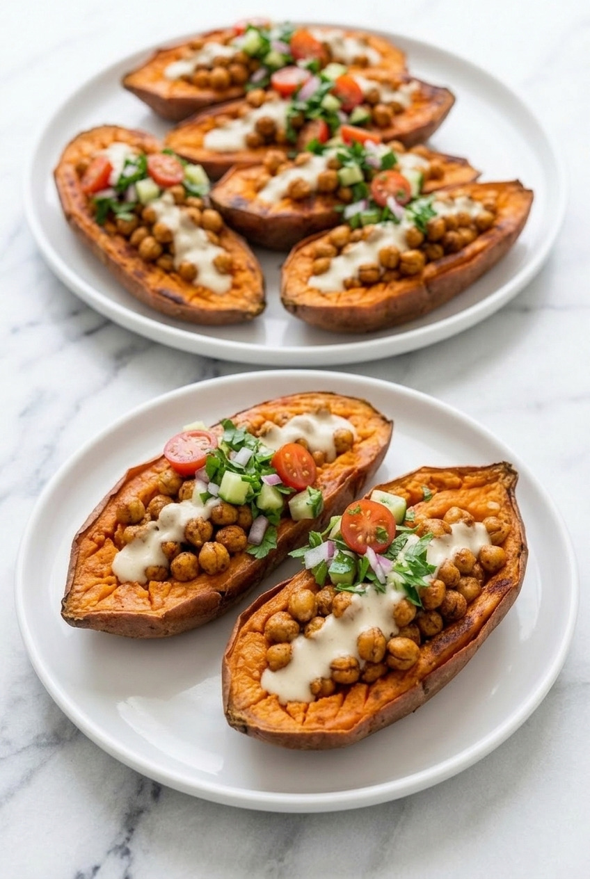 mediterranean chickpea stuffed sweet potatoes dinner scene