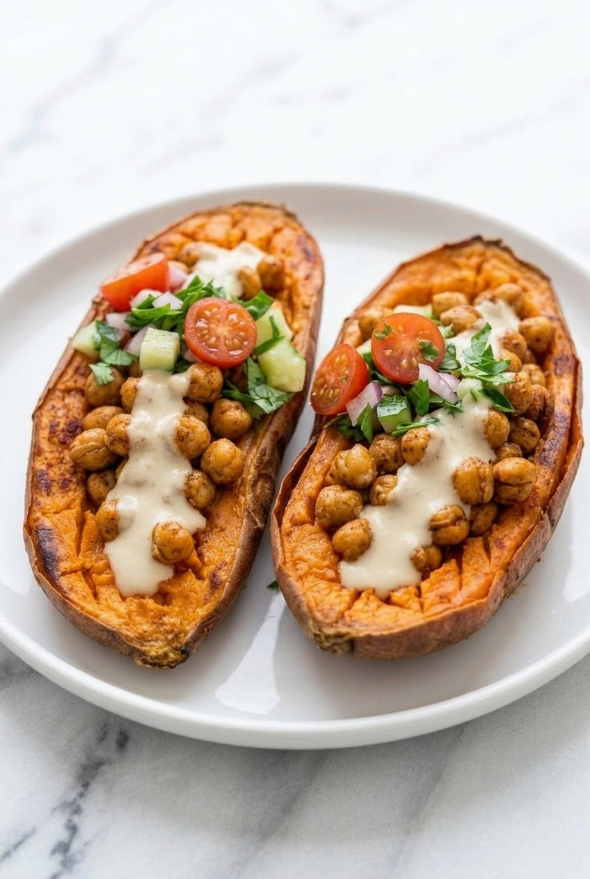 mediterranean chickpea stuffed sweet potatoes side view