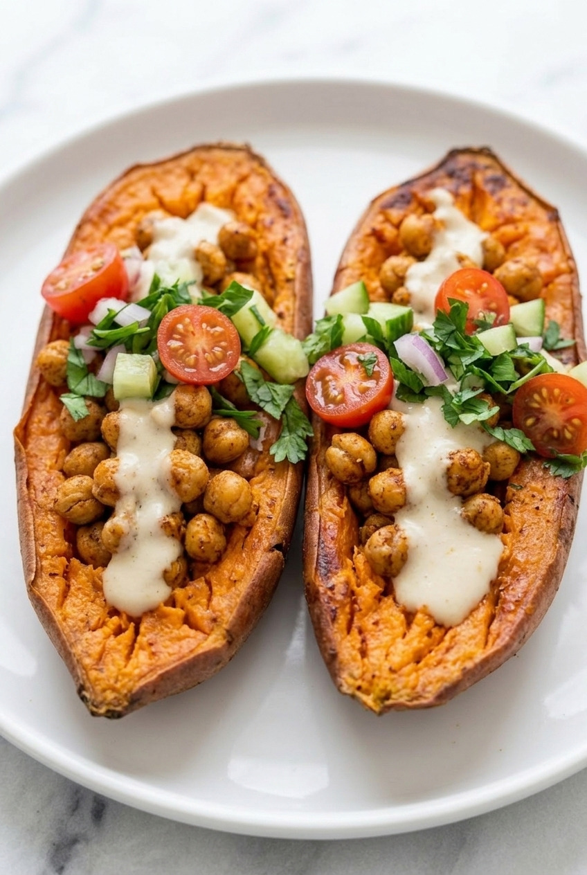 mediterranean chickpea stuffed sweet potatoes served
