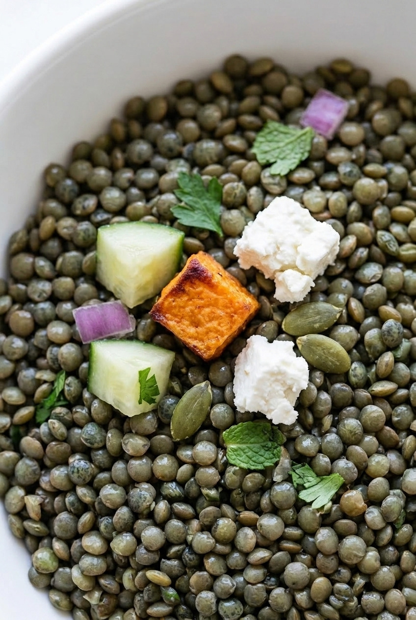 mediterranean lentil and sweet potato salad close up