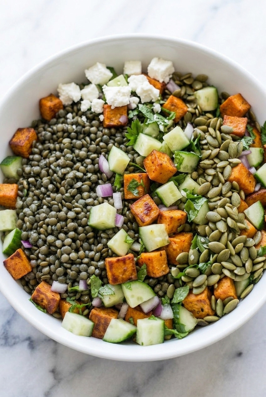 mediterranean lentil and sweet potato salad dinner scene