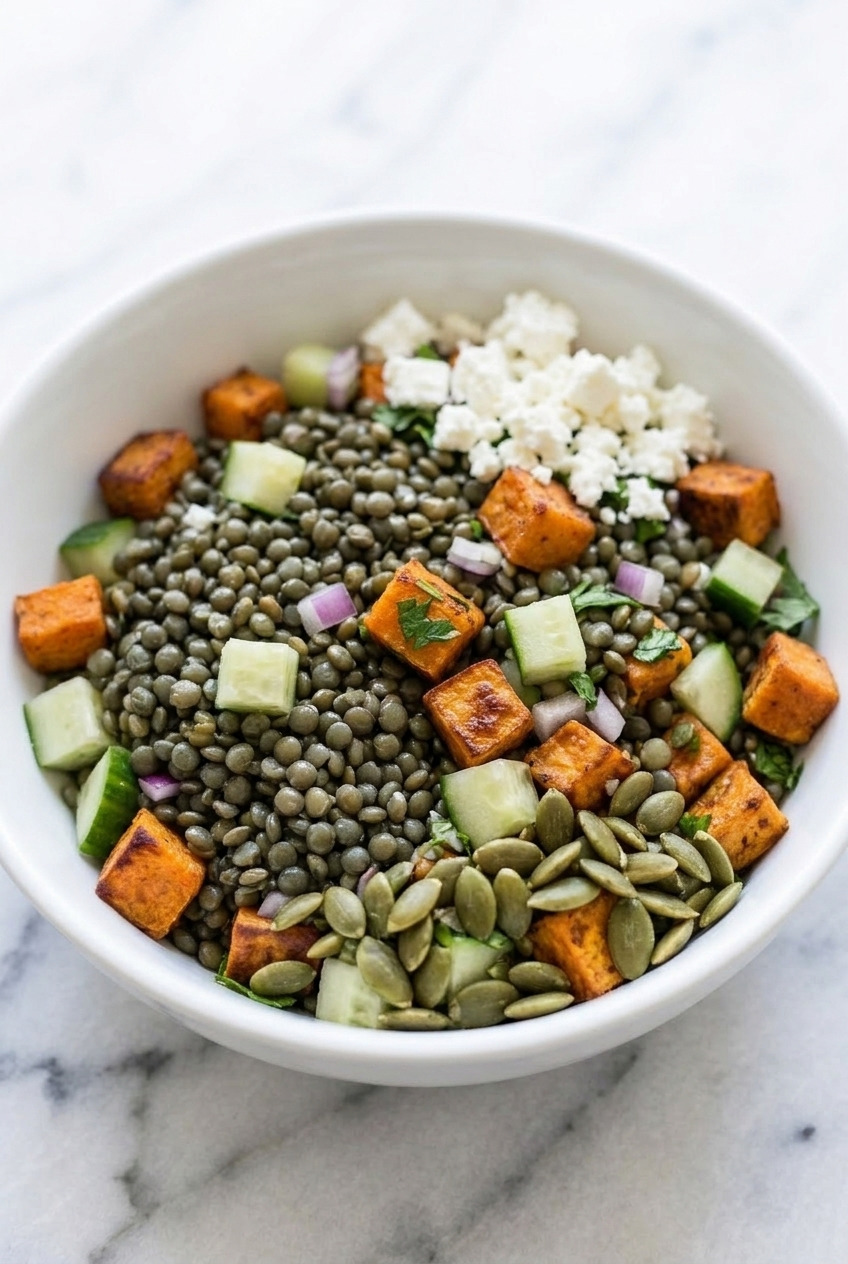 mediterranean lentil and sweet potato salad side view