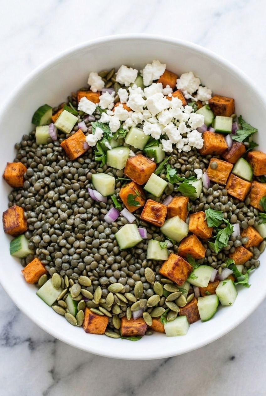 mediterranean lentil and sweet potato salad served
