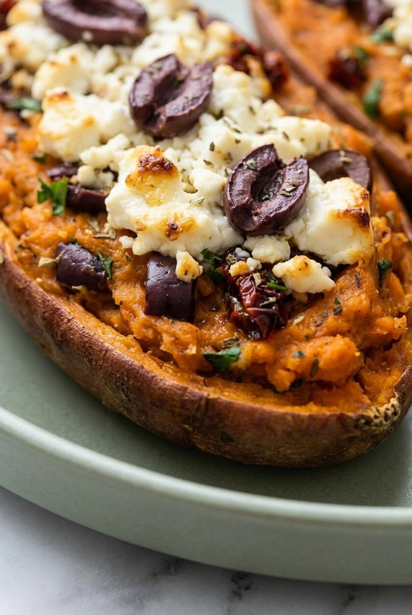 mediterranean twicebaked sweet potatoes with feta and olives close up