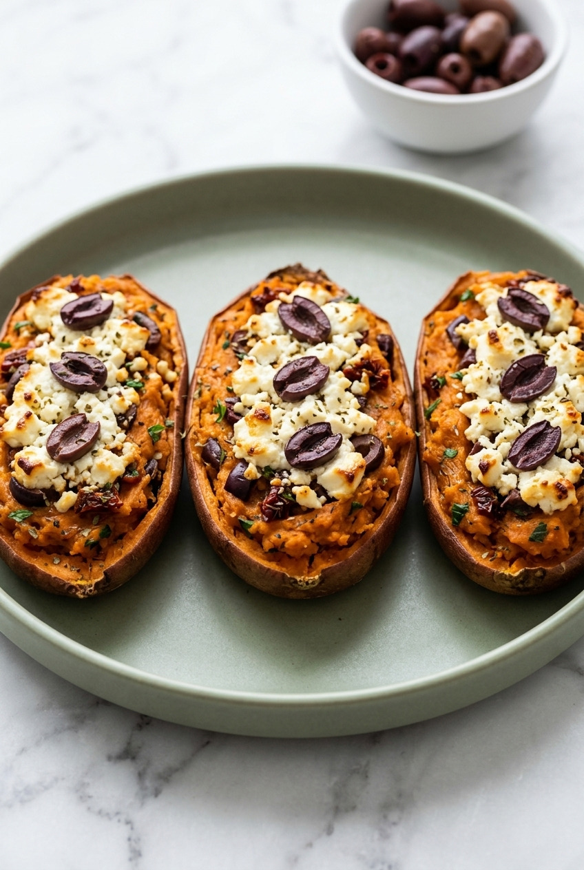 mediterranean twicebaked sweet potatoes with feta and olives