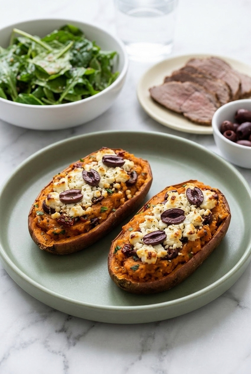 mediterranean twicebaked sweet potatoes with feta and olives complete meal