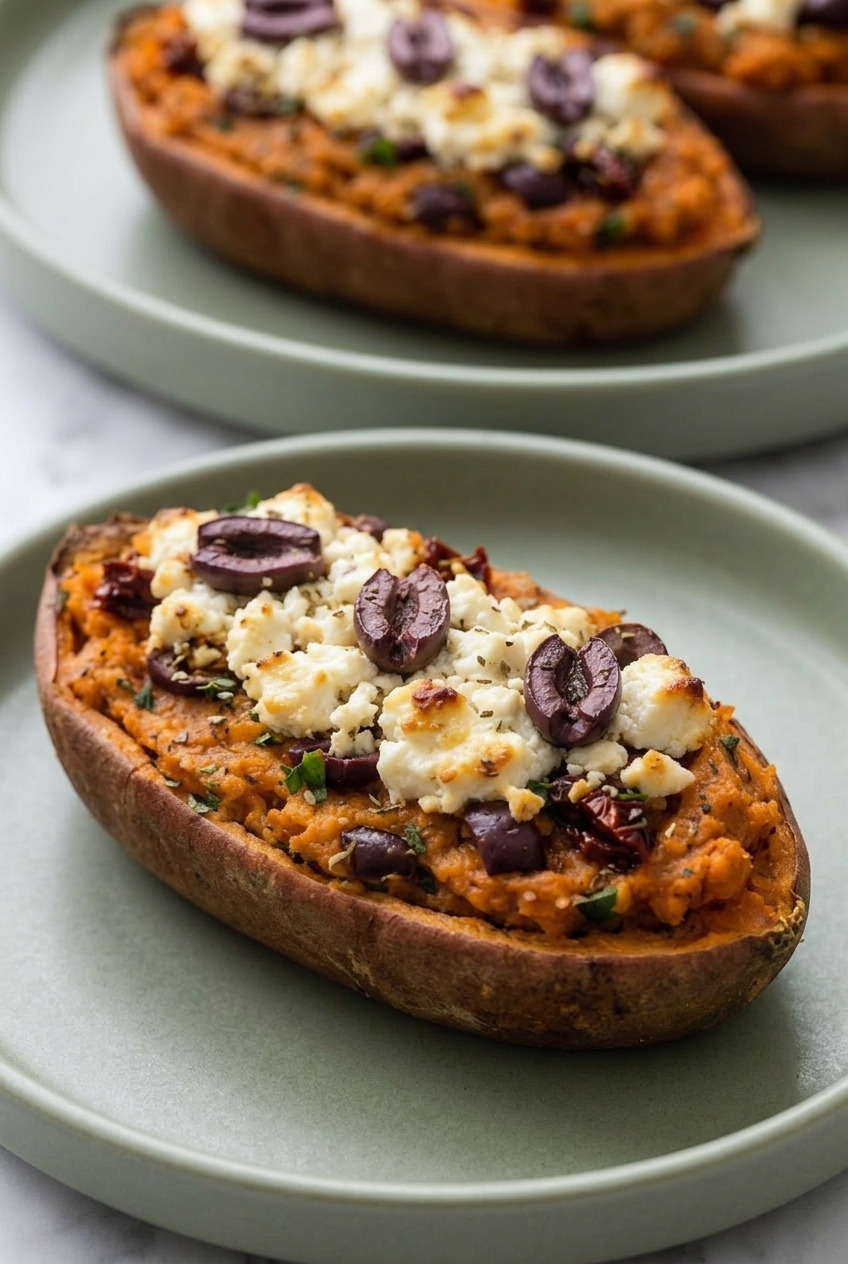 mediterranean twicebaked sweet potatoes with feta and olives dinner scene