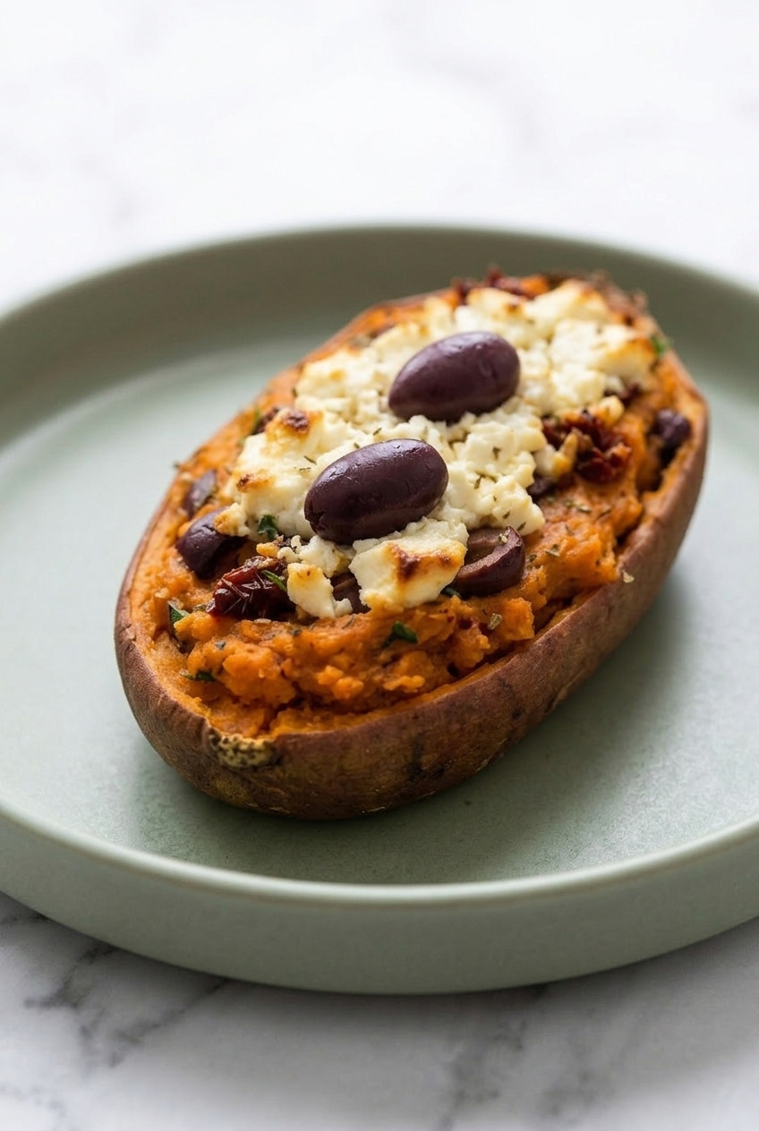 mediterranean twicebaked sweet potatoes with feta and olives side view