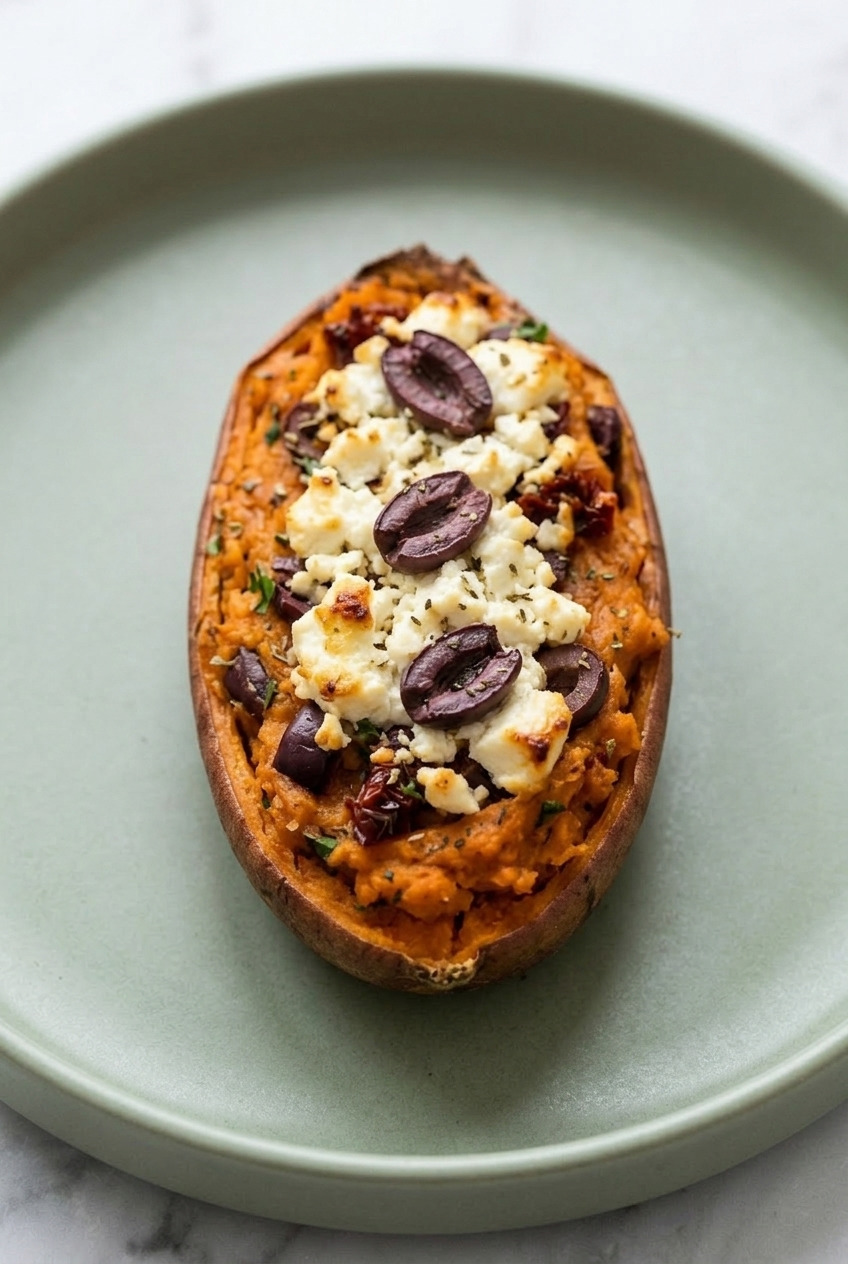 mediterranean twicebaked sweet potatoes with feta and olives served