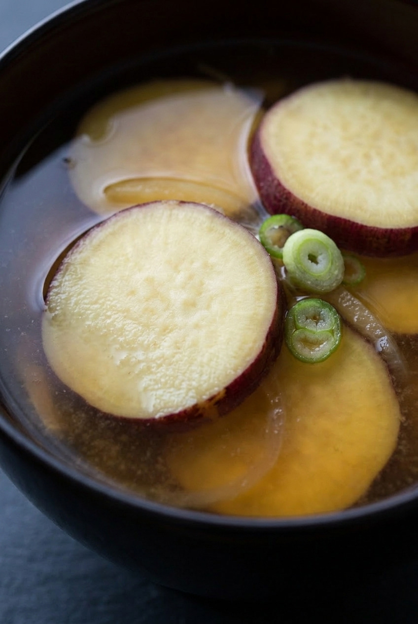 miso soup with satsumaimo sweet potato close up