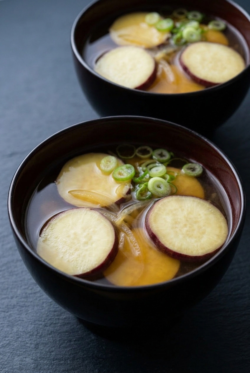 miso soup with satsumaimo sweet potato dinner scene