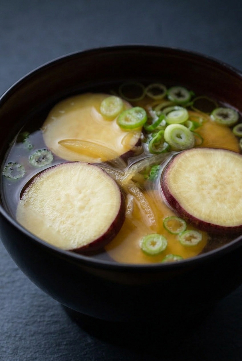 miso soup with satsumaimo sweet potato side view