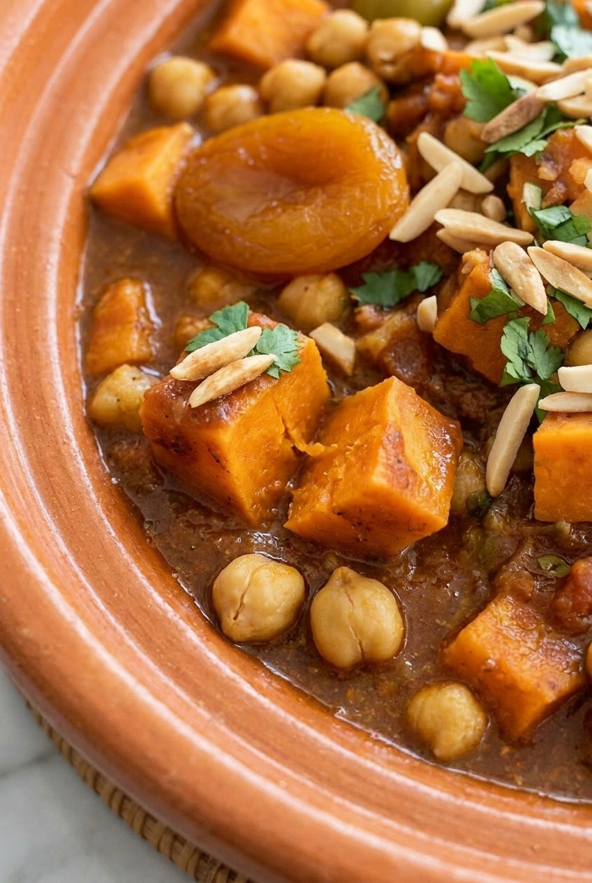 moroccan sweet potato tagine with chickpeas and apricots close up