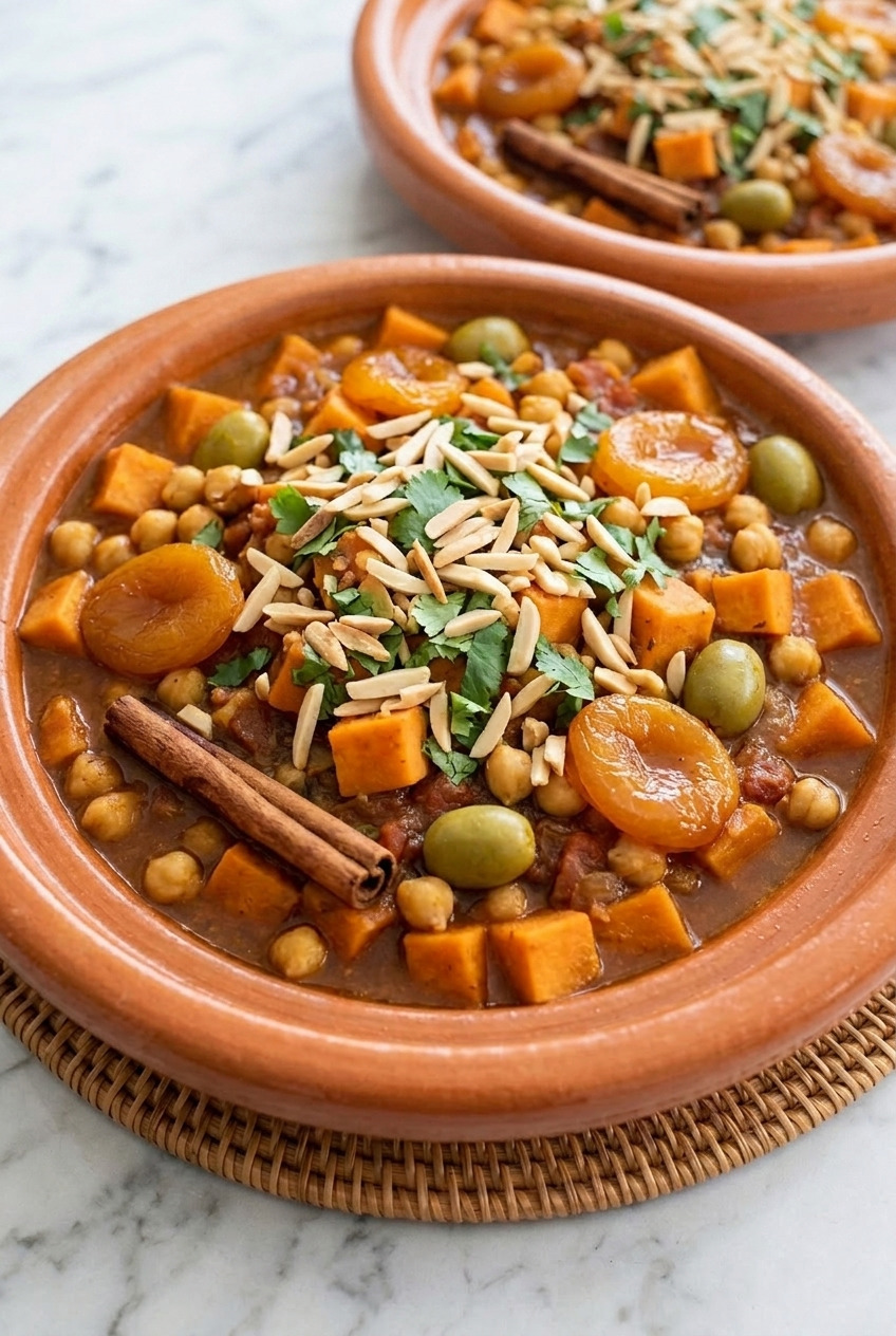 moroccan sweet potato tagine with chickpeas and apricots dinner scene
