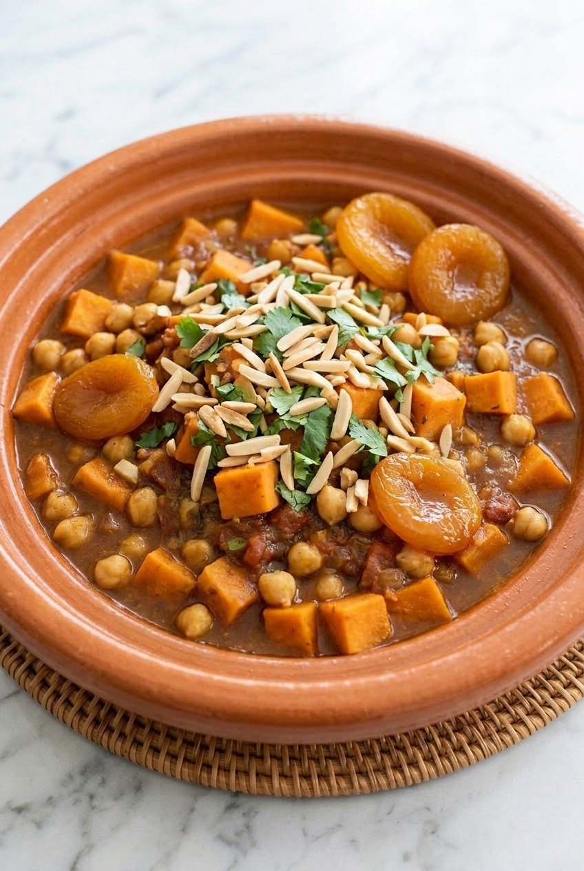 moroccan sweet potato tagine with chickpeas and apricots side view