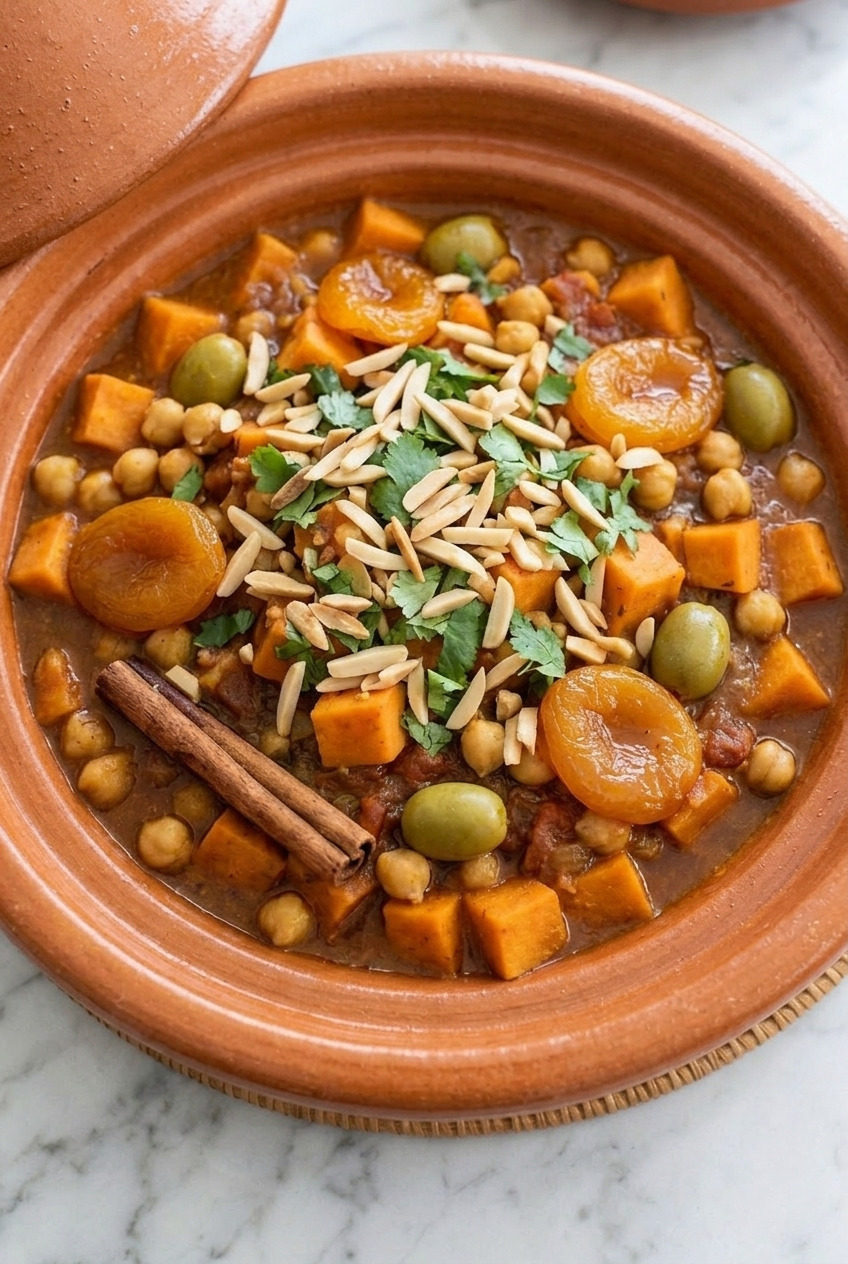 moroccan sweet potato tagine with chickpeas and apricots served