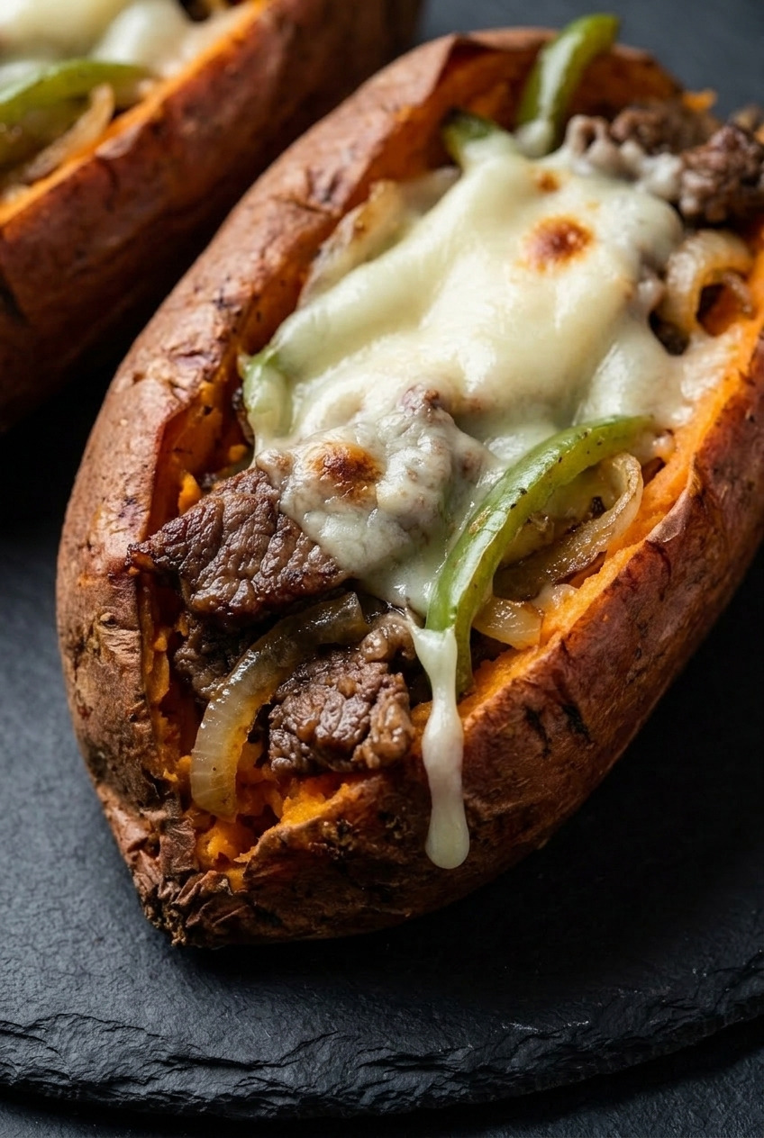philly cheesesteak stuffed sweet potatoes close up