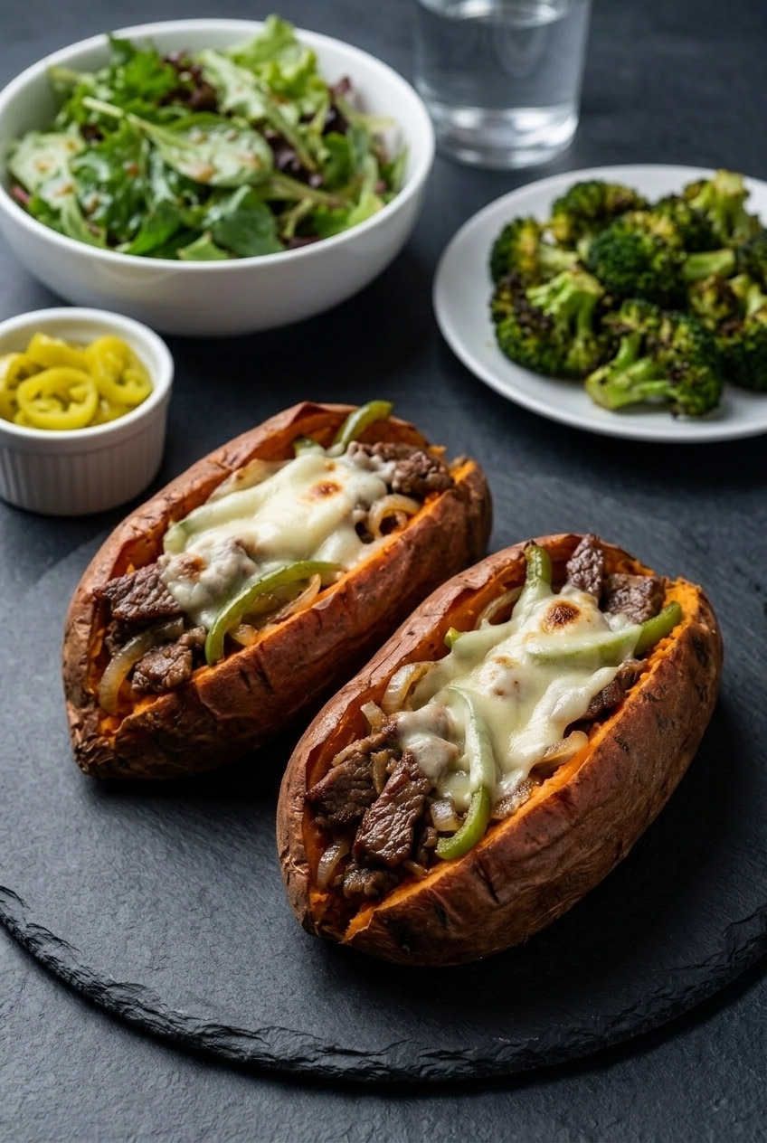 philly cheesesteak stuffed sweet potatoes complete meal