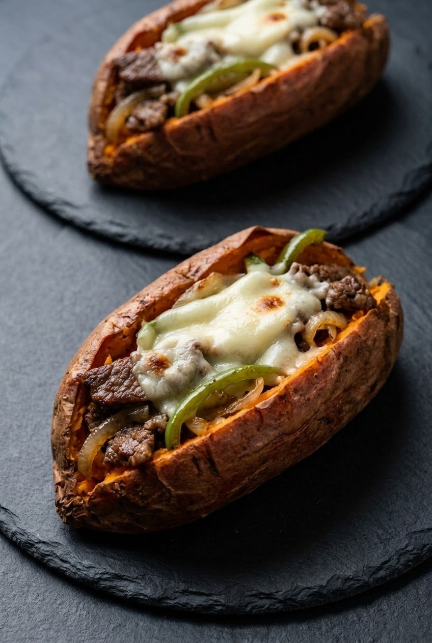 philly cheesesteak stuffed sweet potatoes dinner scene