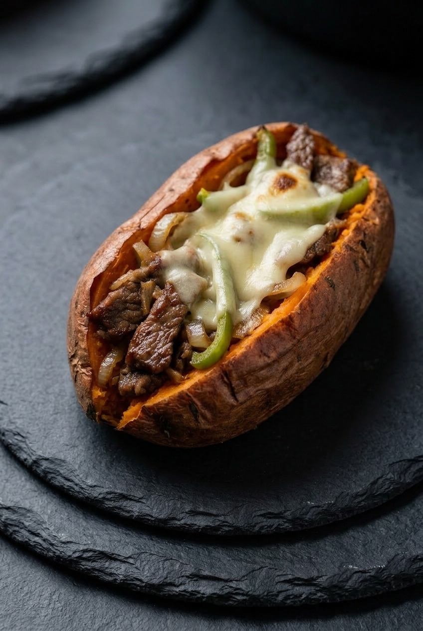 philly cheesesteak stuffed sweet potatoes side view
