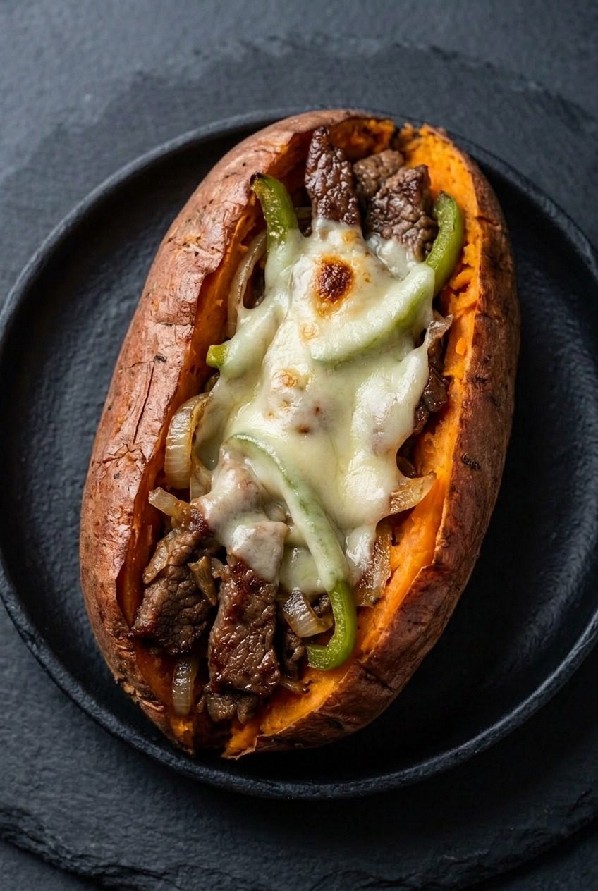 philly cheesesteak stuffed sweet potatoes served