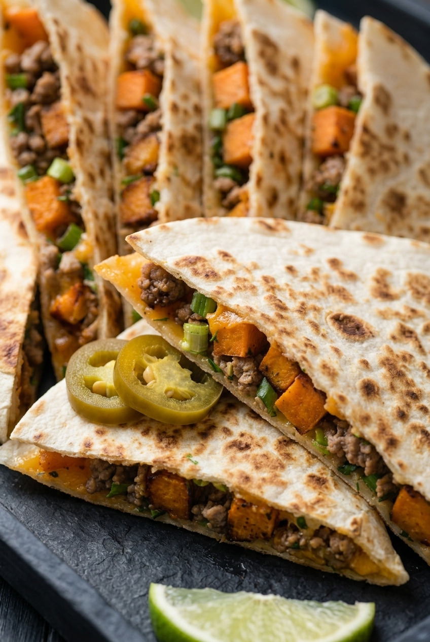 pork and sweet potato quesadillas close up
