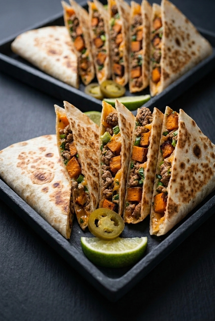 pork and sweet potato quesadillas dinner scene