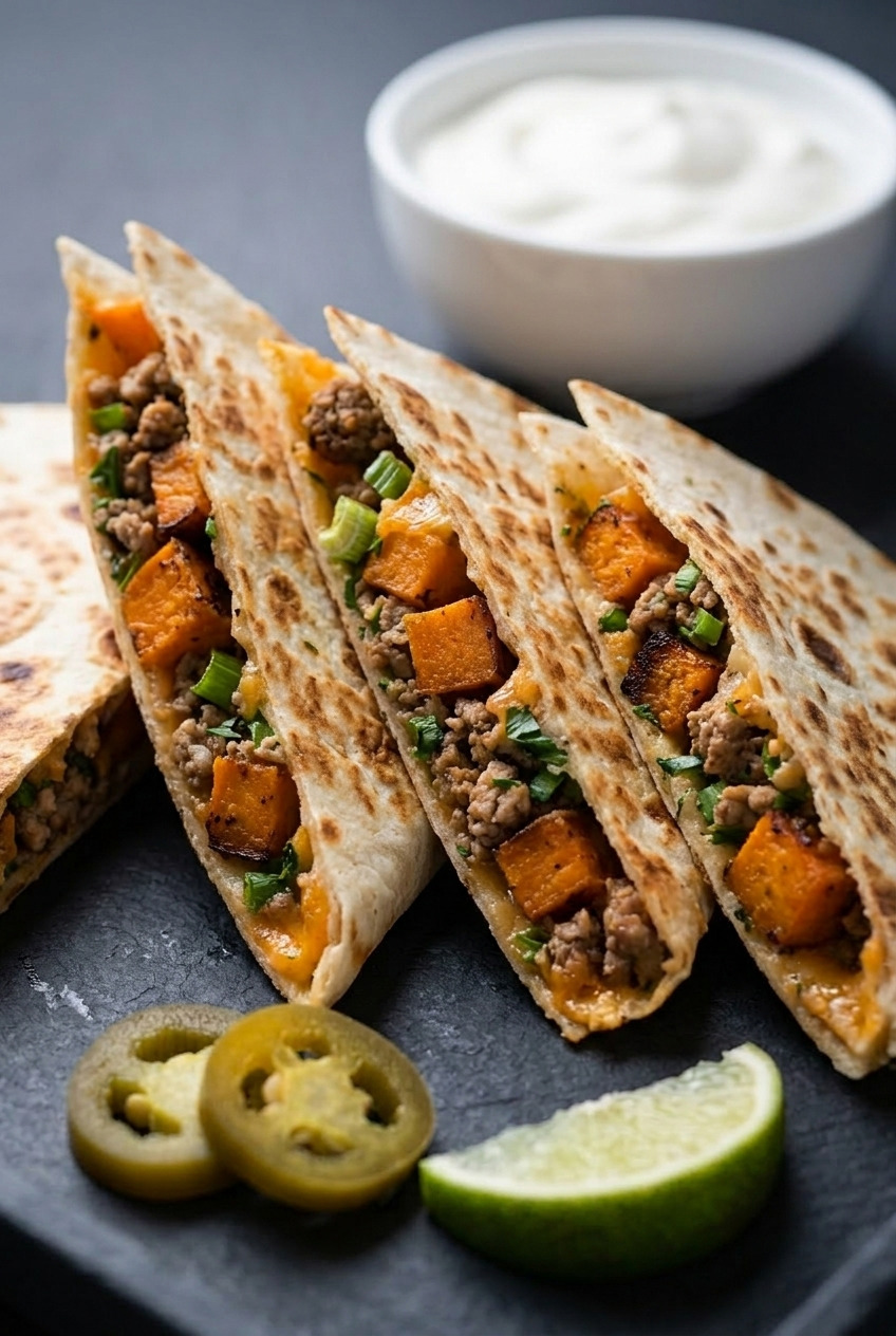 pork and sweet potato quesadillas side view