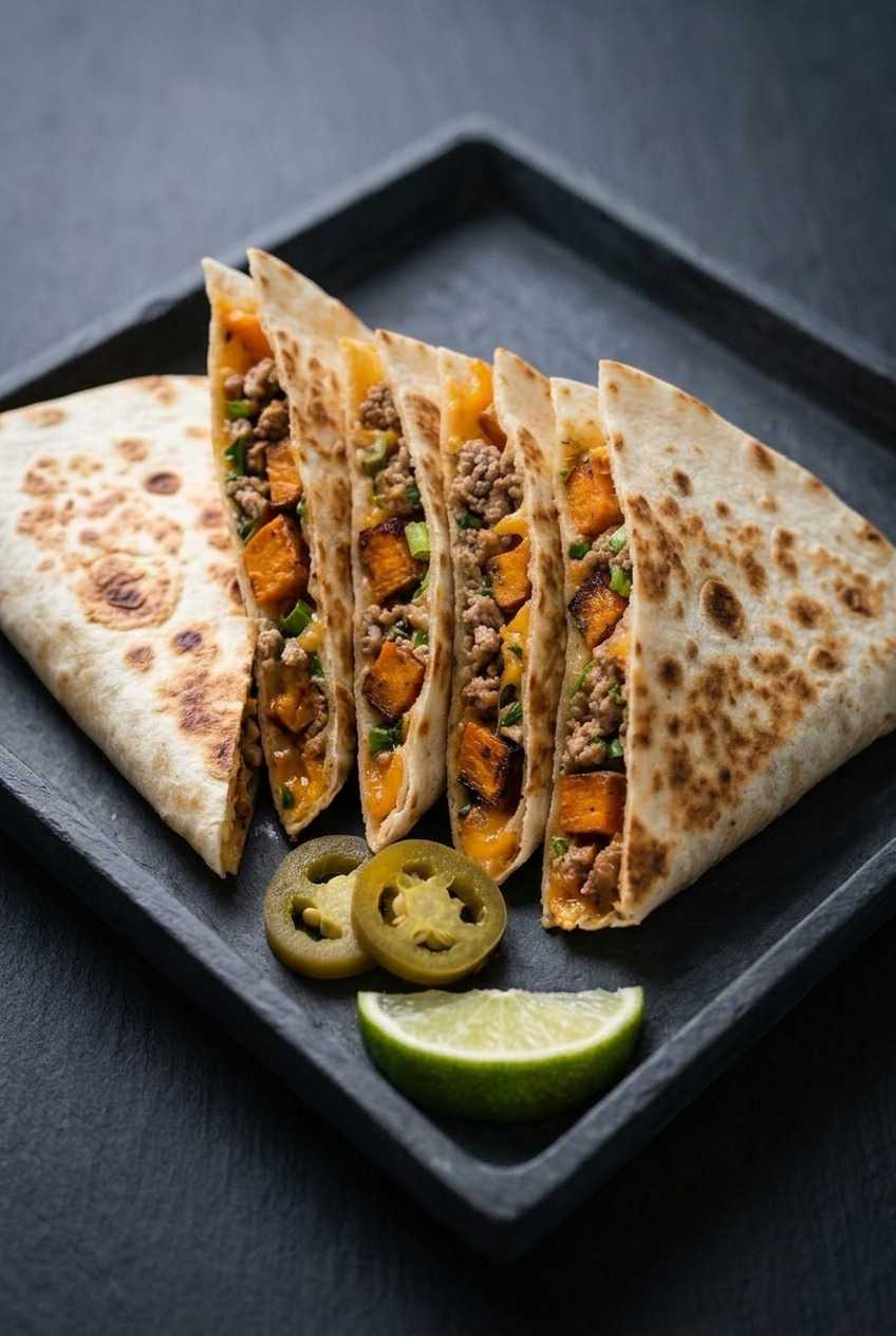 pork and sweet potato quesadillas served