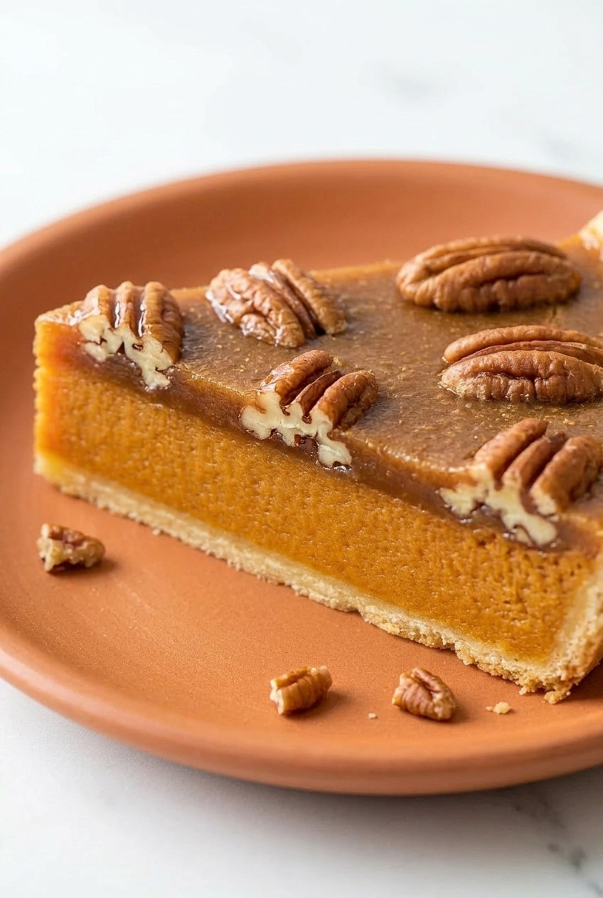 praline pecan sweet potato pie close up