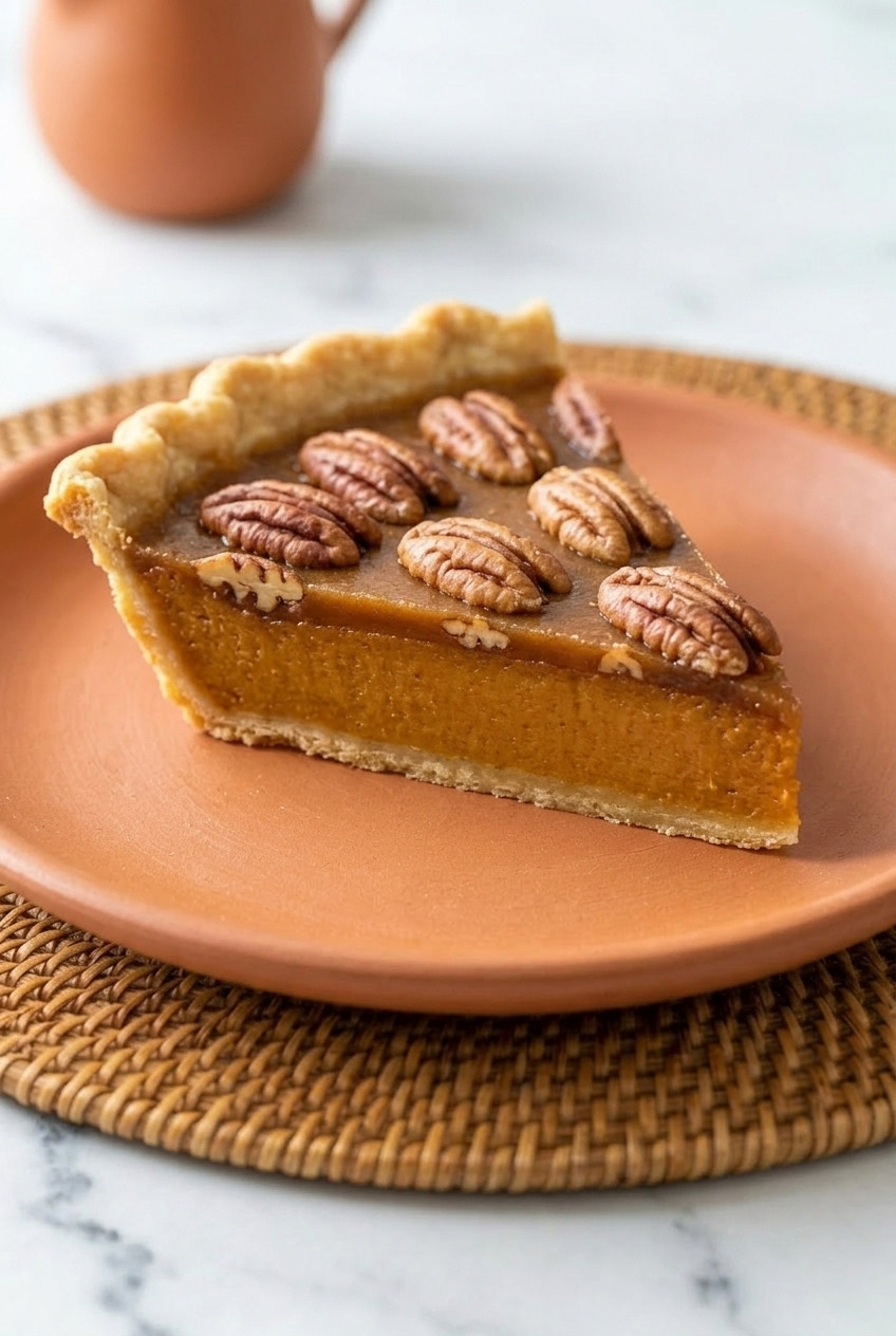 praline pecan sweet potato pie side view