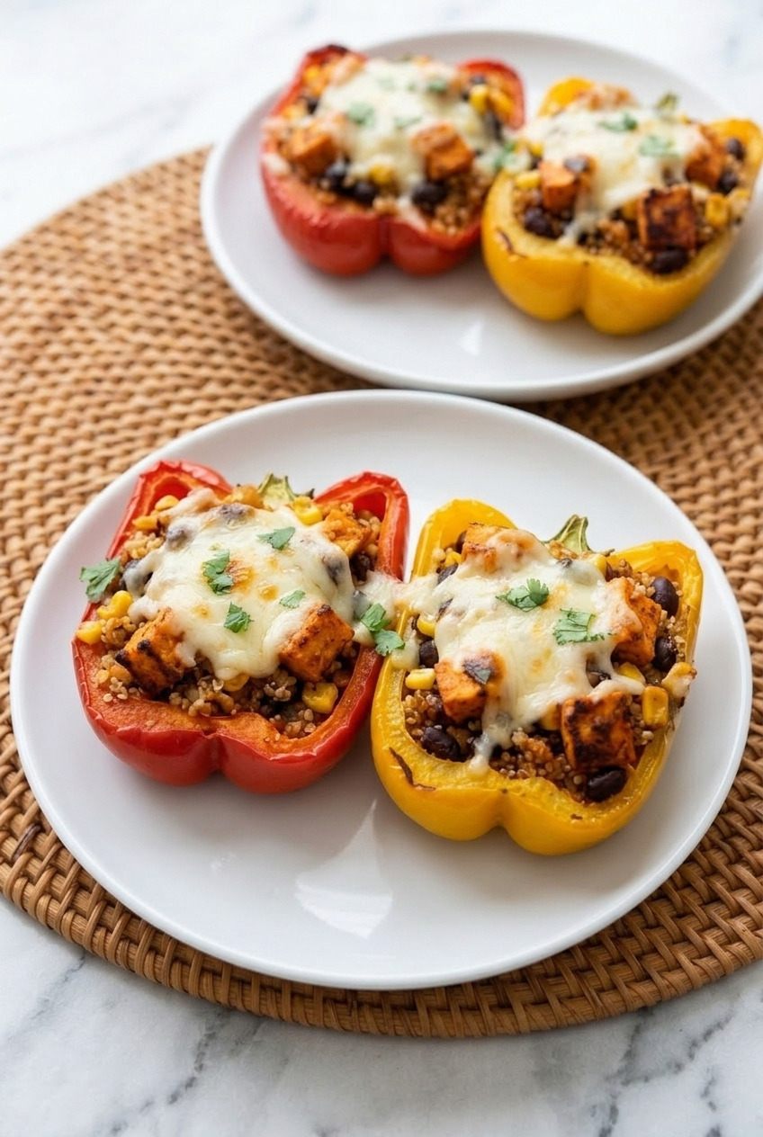 quinoa and sweet potato stuffed peppers dinner scene