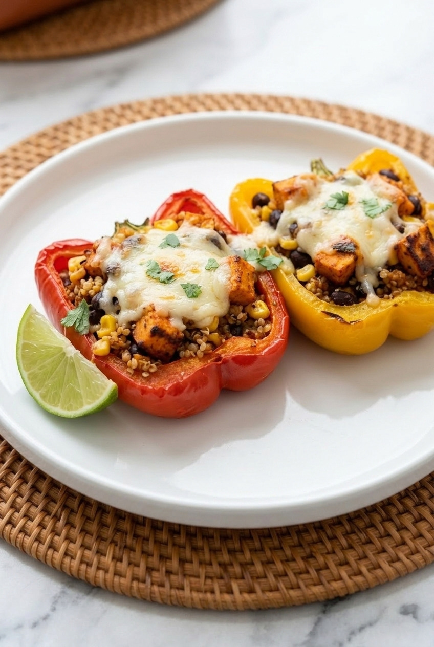quinoa and sweet potato stuffed peppers side view